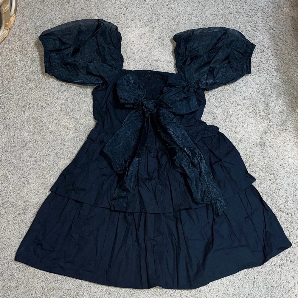 CLEOBELLA Soledad Organza Puff Sleeve & Bow Square Neck Tiered Mini Dress Black - Picture 4 of 8
